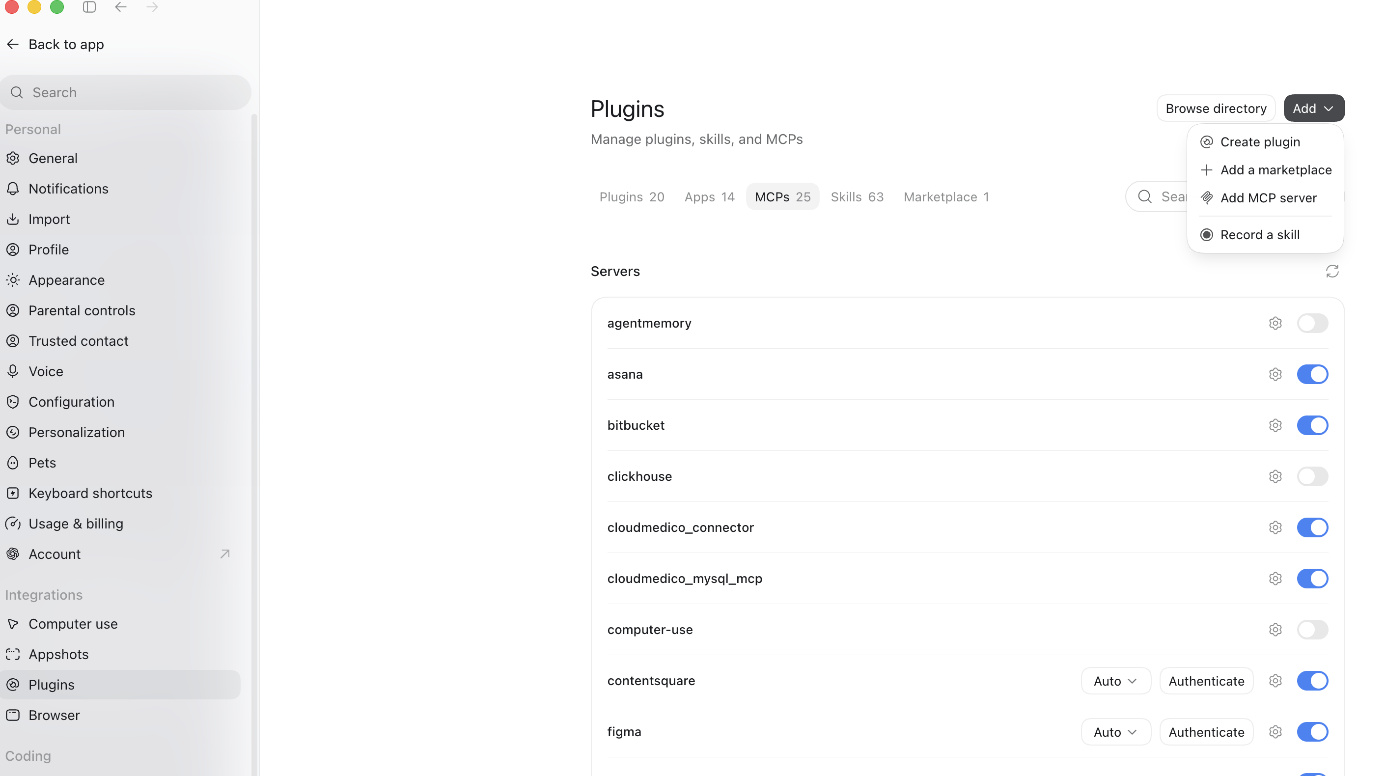 MCP-Einstellungen der ChatGPT-Desktop-App mit aktiviertem CloudMedico