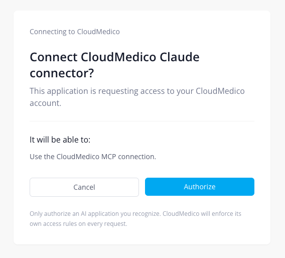 Autorisierungsseite von CloudMedico für eine Verbindung mit Claude